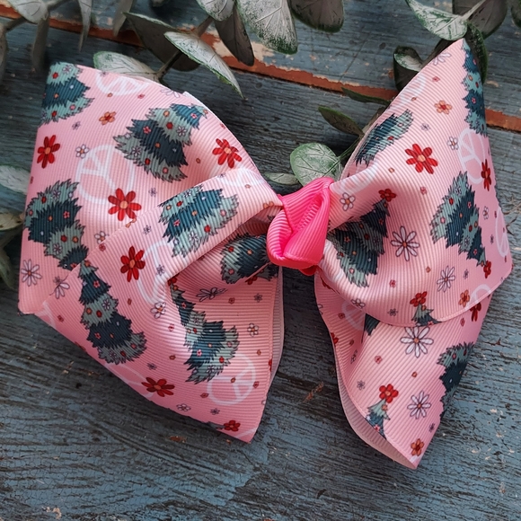 Festive Pink Christmas Tree Hair Bow - Picture 1 of 2